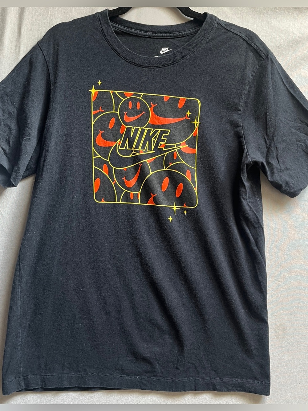 Nike Black Tee with Red Smiley Graphic and Neon Yellow Outline Size M